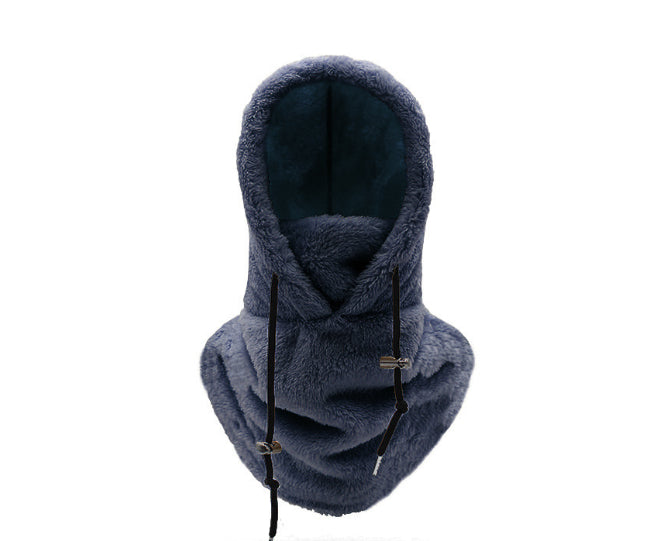 Woman wearing beige plush hood with scarf