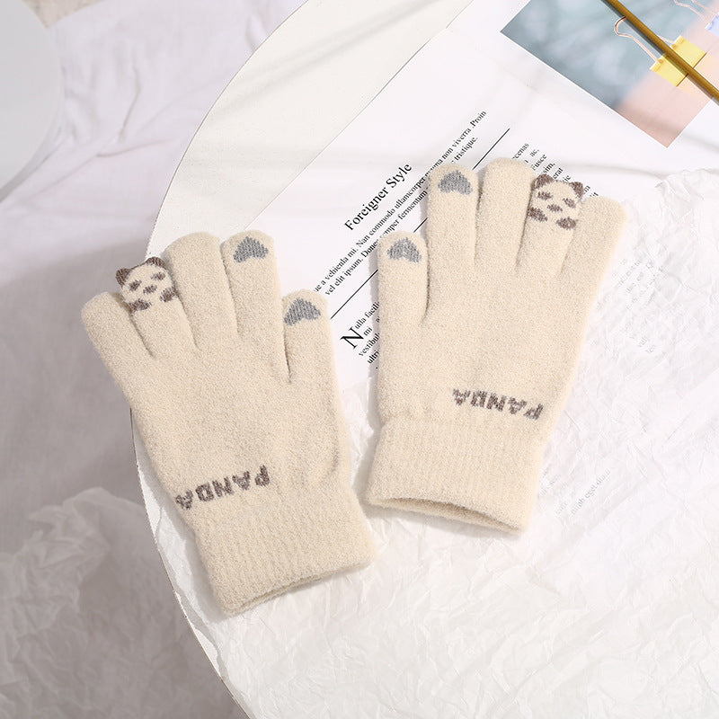 Grey knitted gloves with 3D panda