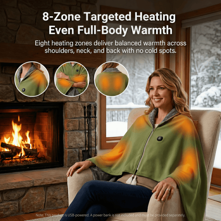 Warmfell™ Heated Cotton Shawl Blanket with Eight Heating Zones and USB