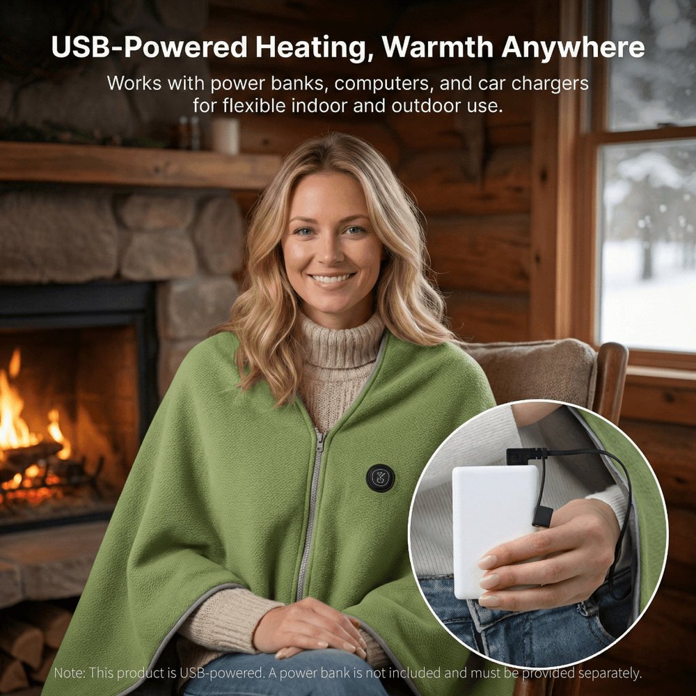 Warmfell™ Heated Cotton Shawl Blanket with Eight Heating Zones and USB