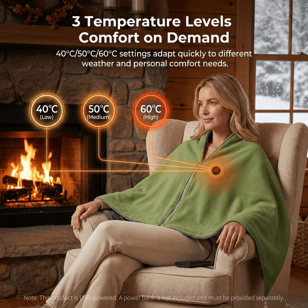 Warmfell™ Heated Cotton Shawl Blanket with Eight Heating Zones and USB