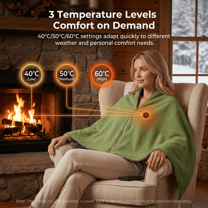 Warmfell™ Heated Cotton Shawl Blanket with Eight Heating Zones and USB