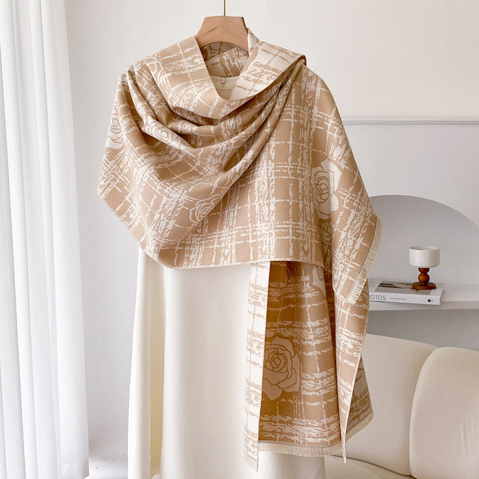 Warmfell Double Sided Plaid Wrap Shawl with Rose Motif