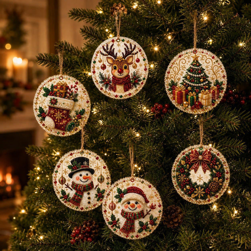 Six wooden diamond painting Christmas ornaments