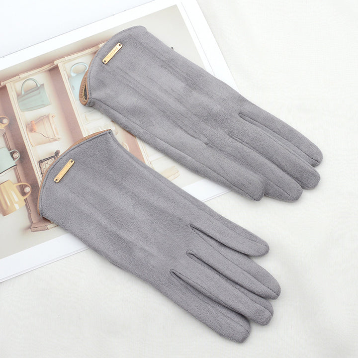 Camel faux suede gloves with gold bar detail