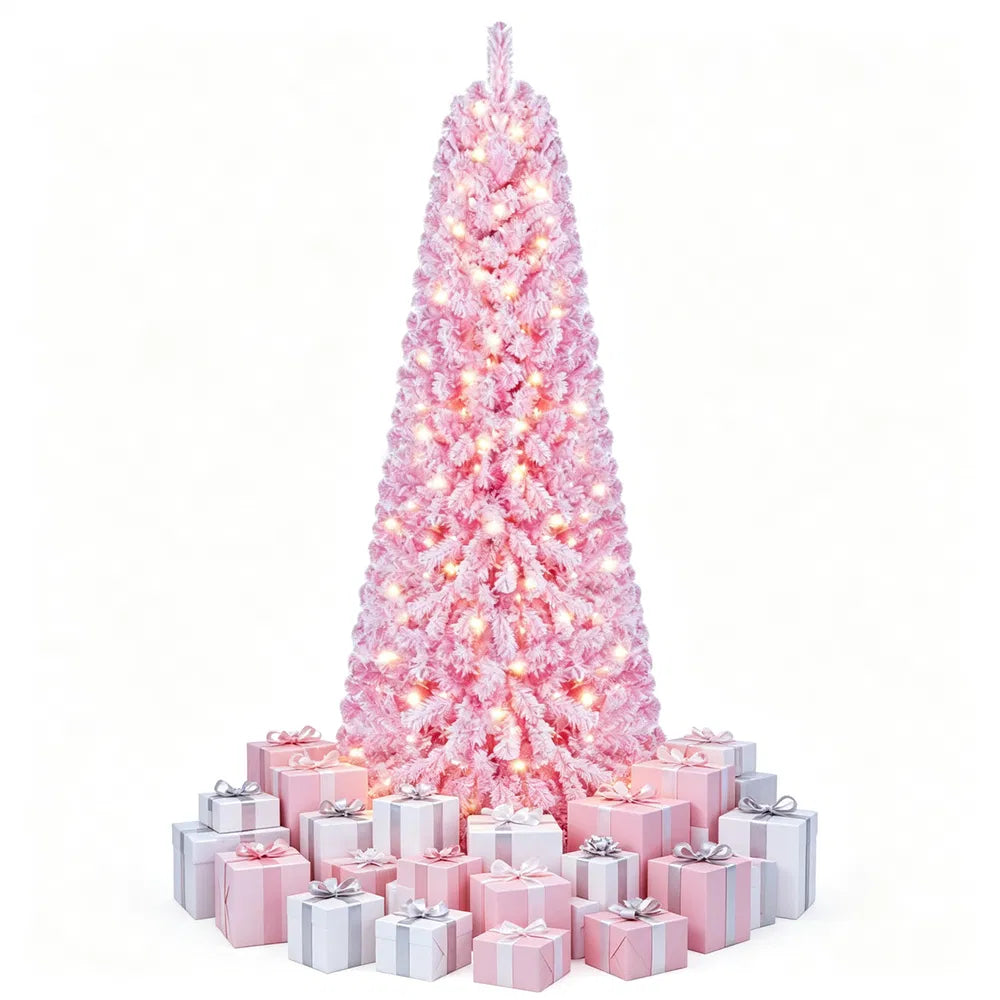 Full pink flocked tree with warm lights