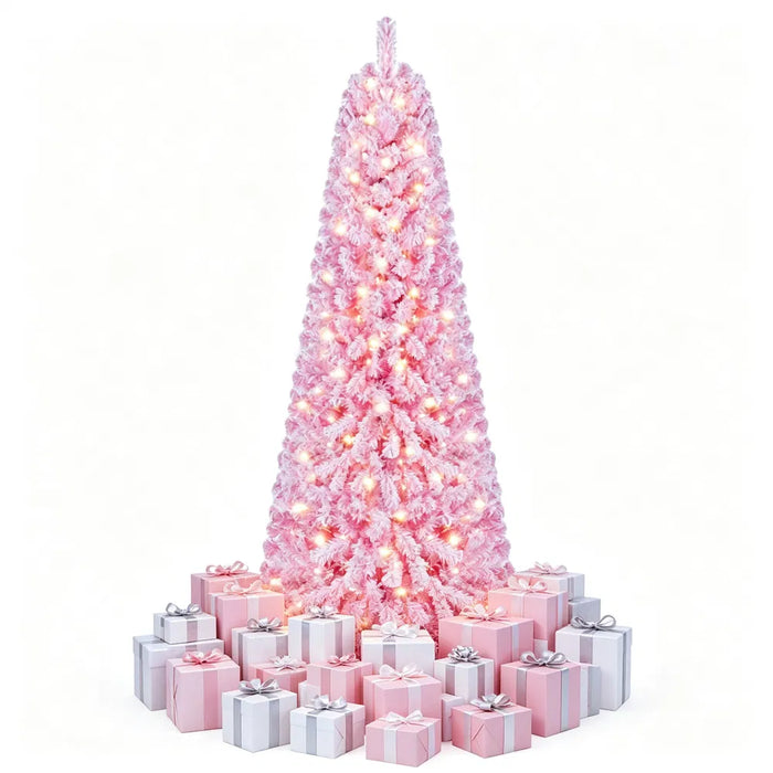 Warmfell Pink Flocked Pre-Lit Christmas Tree with 280 LEDs, 7ft