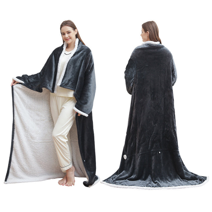 Grey plaid wearable electric blanket with sleeves