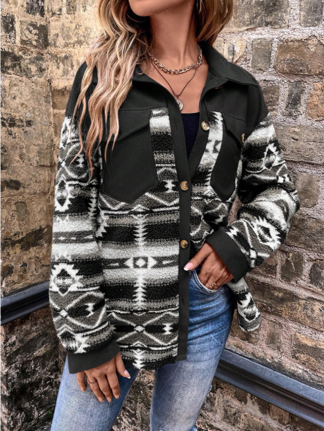 Woman in pink shacket with print sleeves