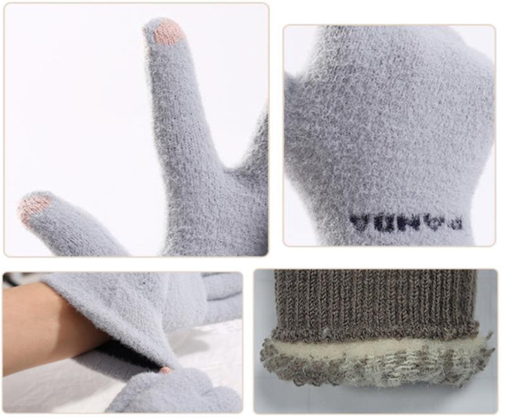 Grey knitted gloves with 3D panda