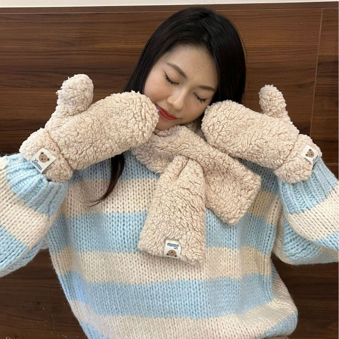 Warmfell Teddy Mittens and Cross-Over Scarf Set with Bear Patch