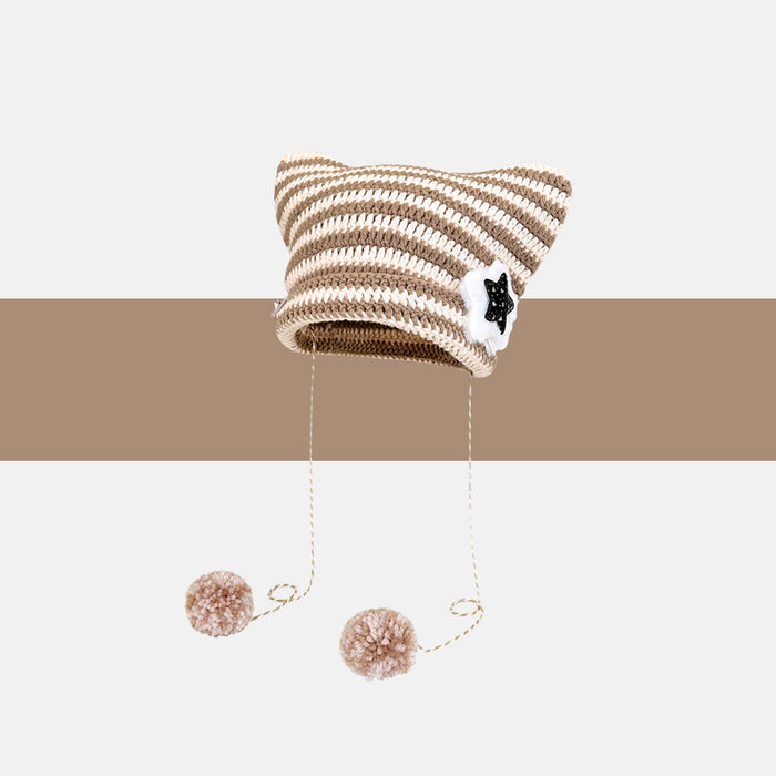 Warmfell Striped Cat Ear Beanie with Star or Pompoms