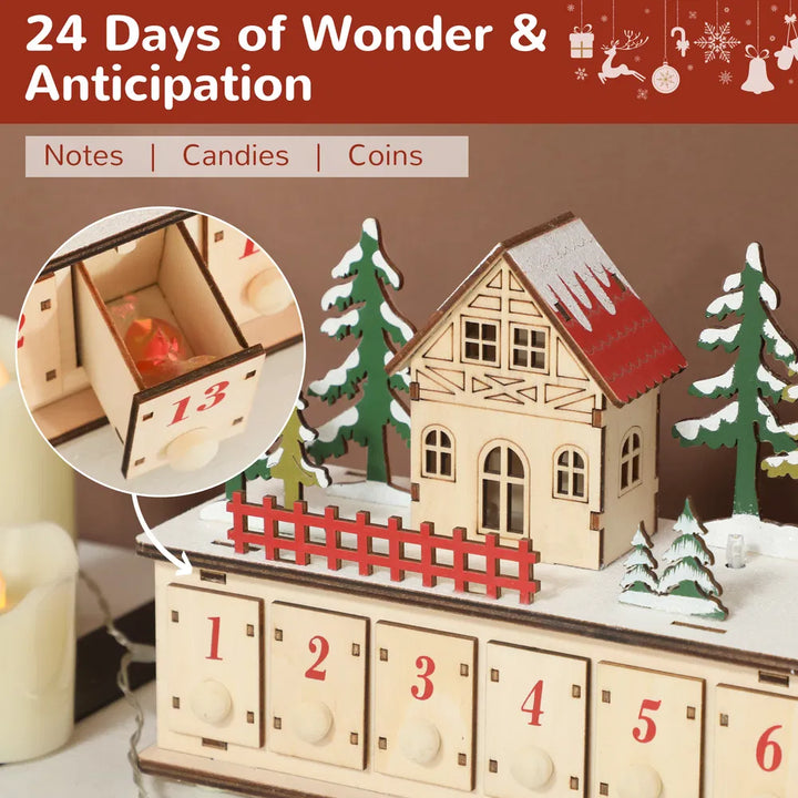 Long wooden lit advent calendar on mantel