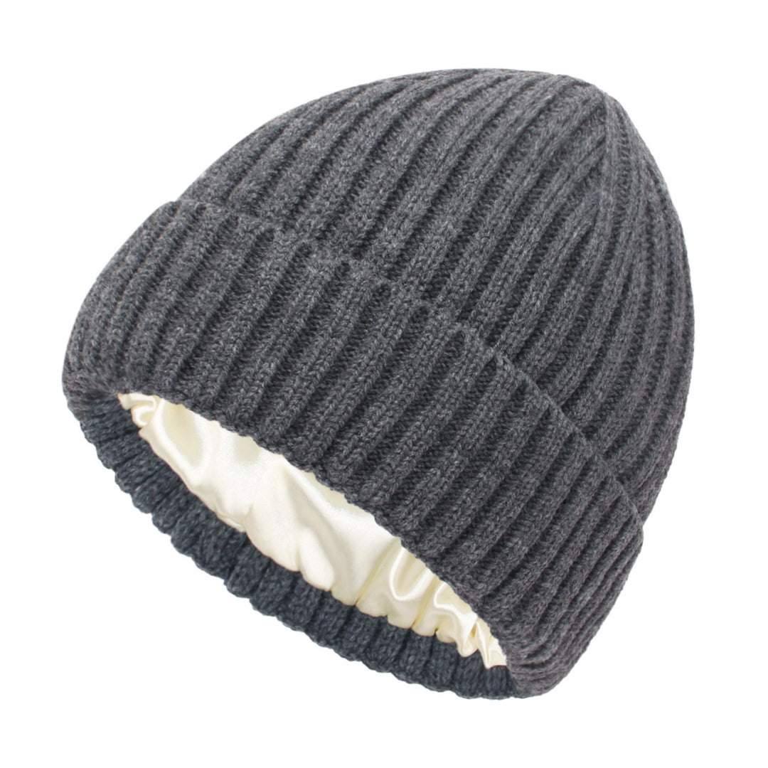 Cream ribbed beanie with satin lining