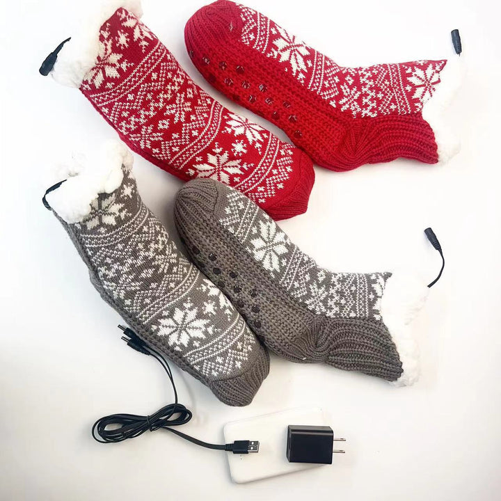 Red Nordic knit USB heated house socks