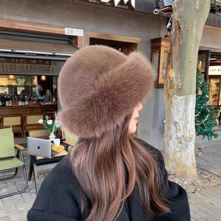 Beige fluffy faux fur hat with rolled brim