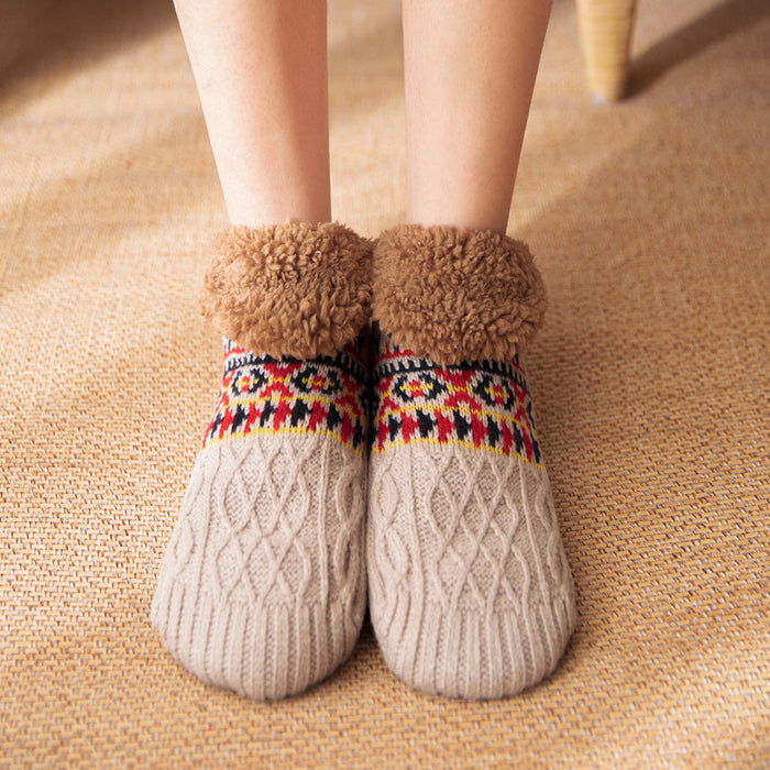 Warmfell Knitted Slipper Socks with Fleece Cuff and Grippy Sole