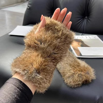 Warmfell Fluffy Rabbit Fur Fingerless Mittens with Thumb Hole