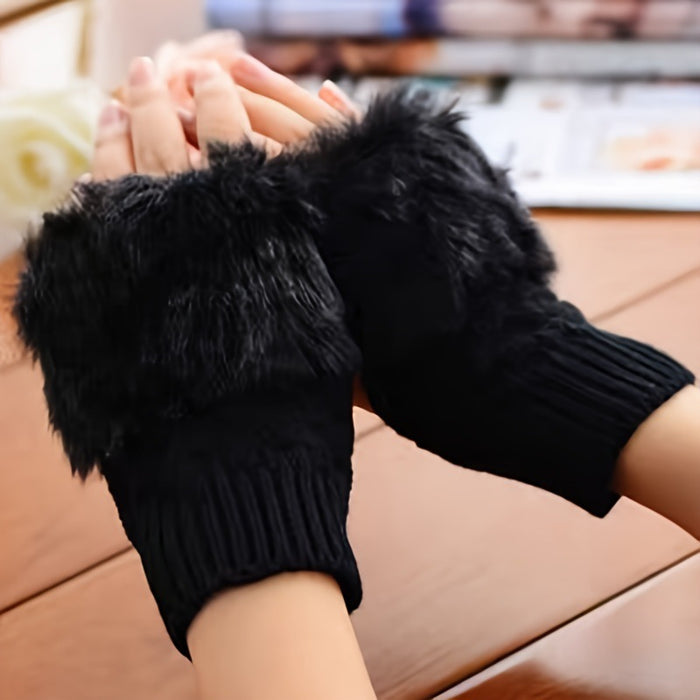 Warmfell Fingerless Knit Gloves with Fluffy Faux Fur