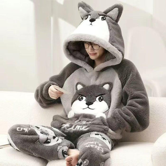 Warmfell Hooded Coral Fleece Pyjama Set with Animal Ears