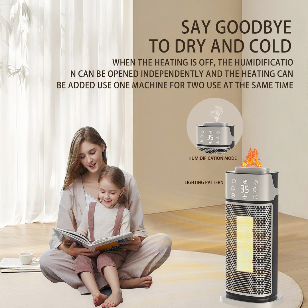 Silver tower heater with flame-effect humidifier