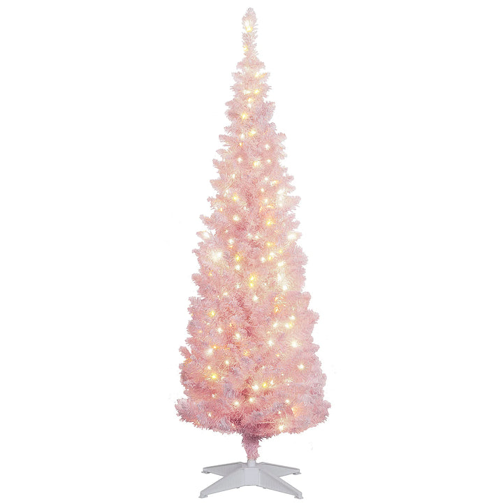 Pink flocked pencil tree with warm lights