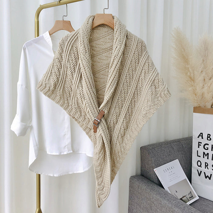 Warmfell Chunky Knit Triangle Scarf with Buckle, Wear as a Cape