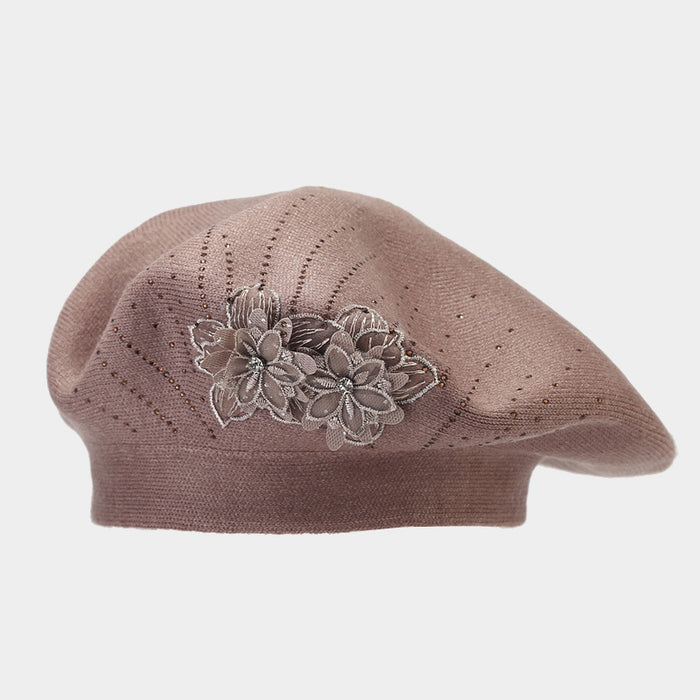 Warmfell Knit Beret with 3D Flower and Rhinestones