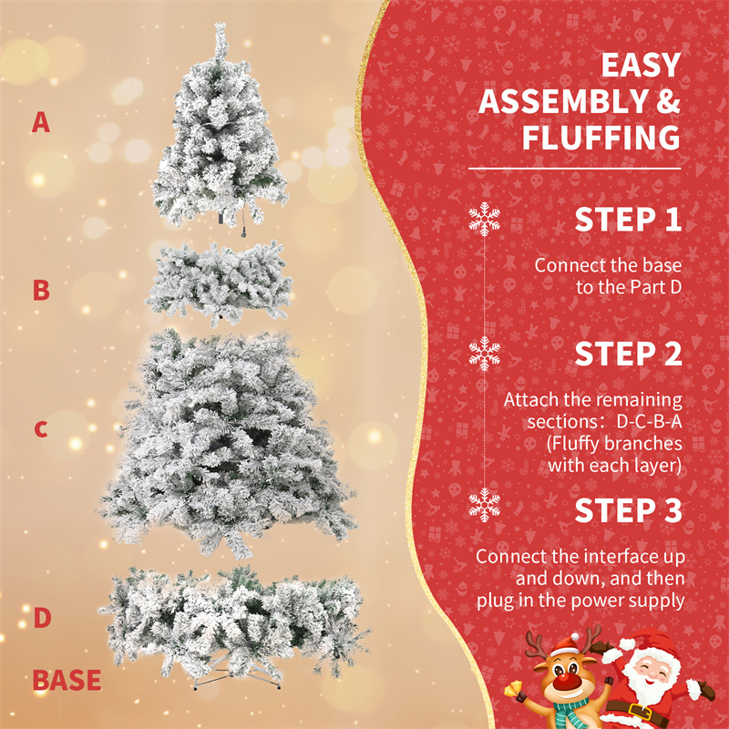 Snow-flocked Christmas tree with warm-white lights