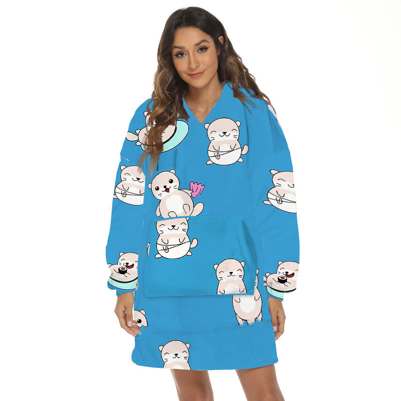 Person wearing oversized panda hooded blanket