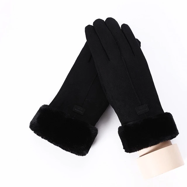Grey suede look gloves with bear face cuff