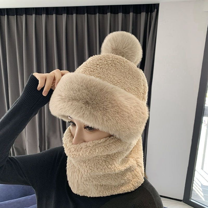 Warmfell Plush Hood Hat with Neck Warmer and Pompom