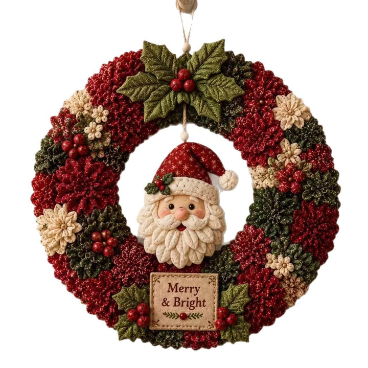 Fabric punch needle Christmas wreath with Santa