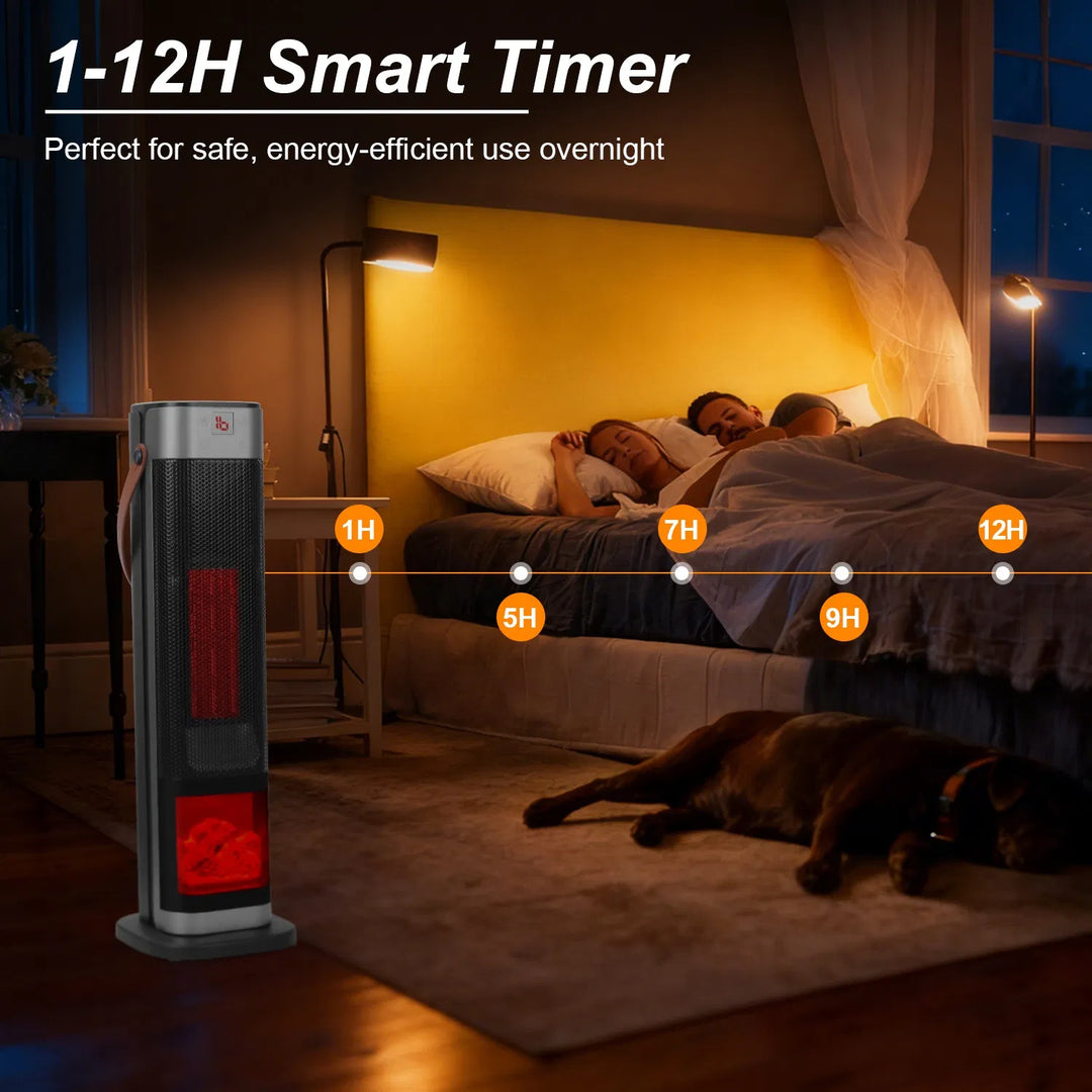 Black tower heater with flame-effect window
