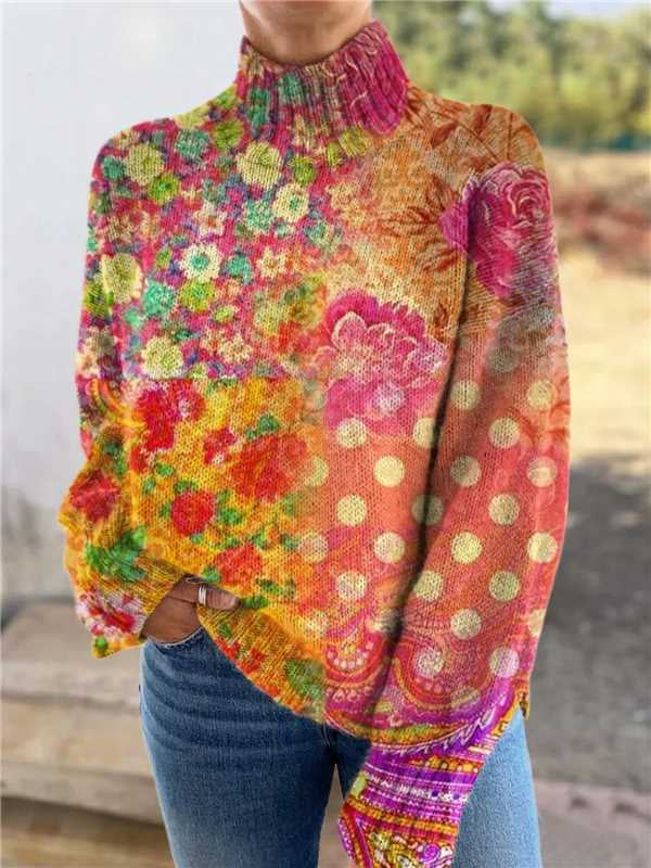 Woman in printed turtleneck jumper