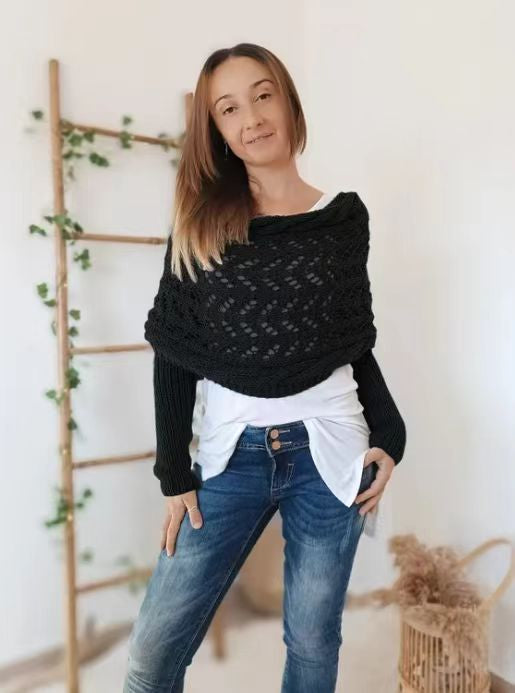 Warmfell Knitted Openwork Shawl with Sleeves, Shrug Style