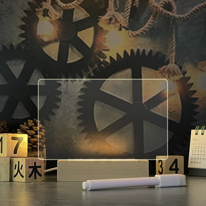 Warmfell LED Message Board Lamp with Pen on a Wooden Base
