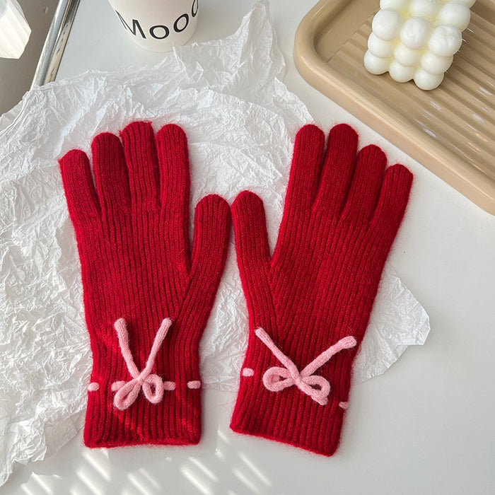 Warmfell Ribbed Knit Gloves with a Pretty Bow