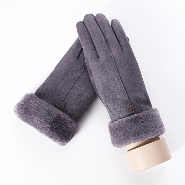 Warmfell Suede Look Gloves with Plush Cuff and Bear Face