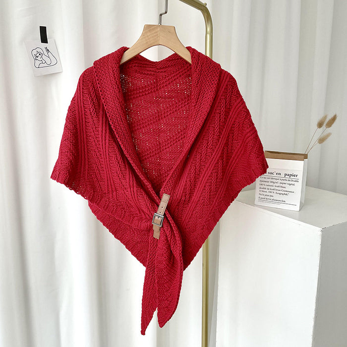 Warmfell Chunky Knit Triangle Scarf with Buckle, Wear as a Cape