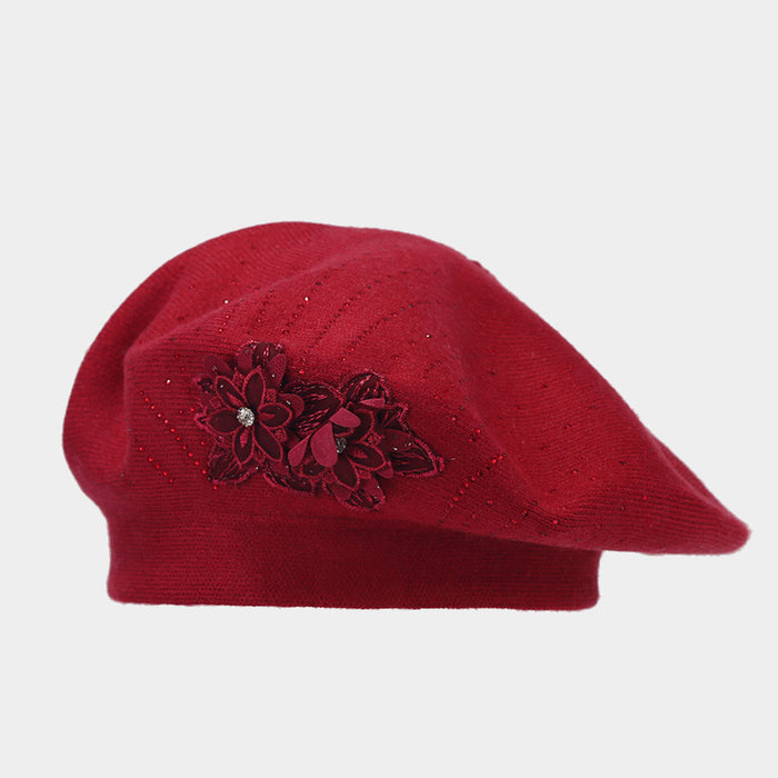 Warmfell Knit Beret with 3D Flower and Rhinestones