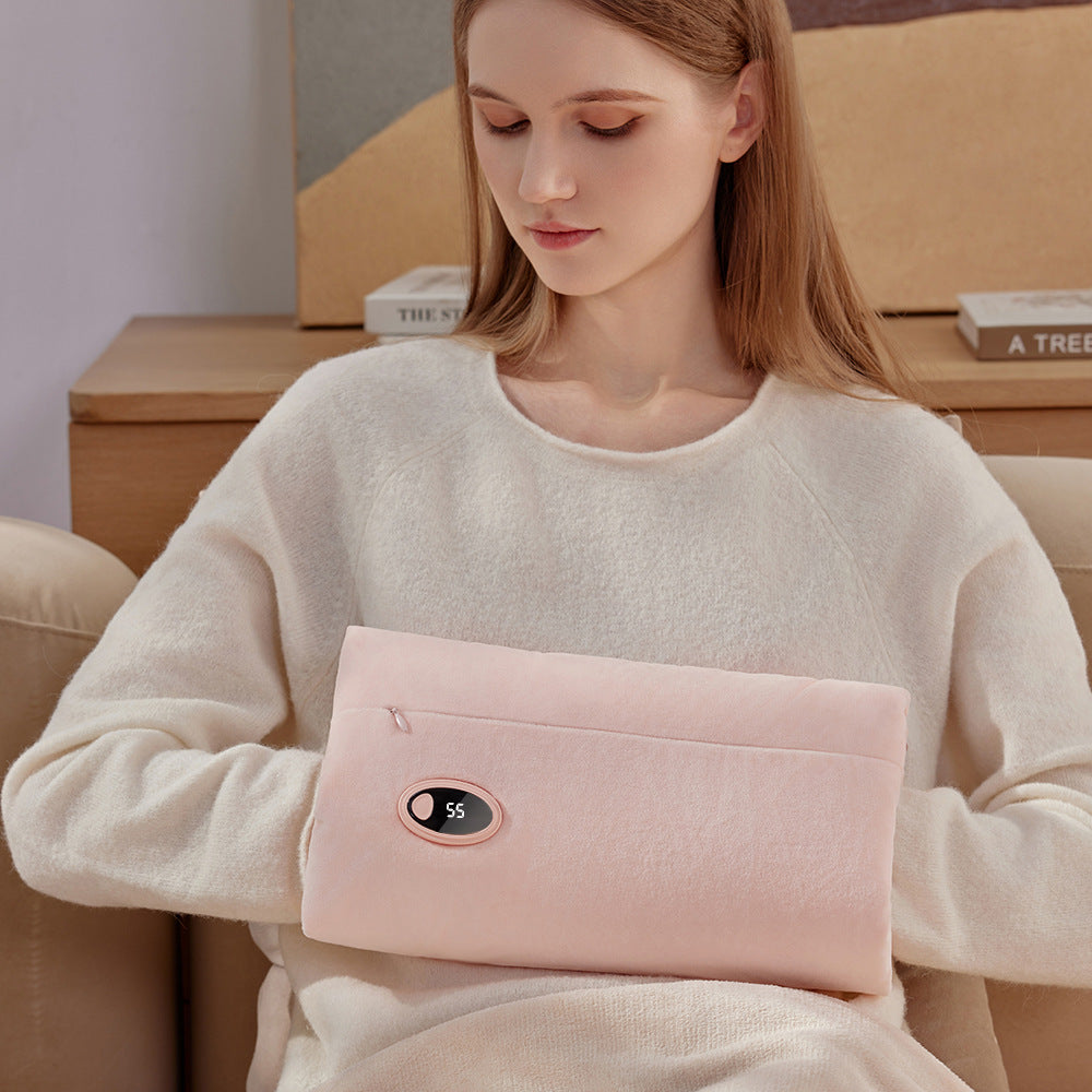 Cream plush heated pouch unfolded as blanket