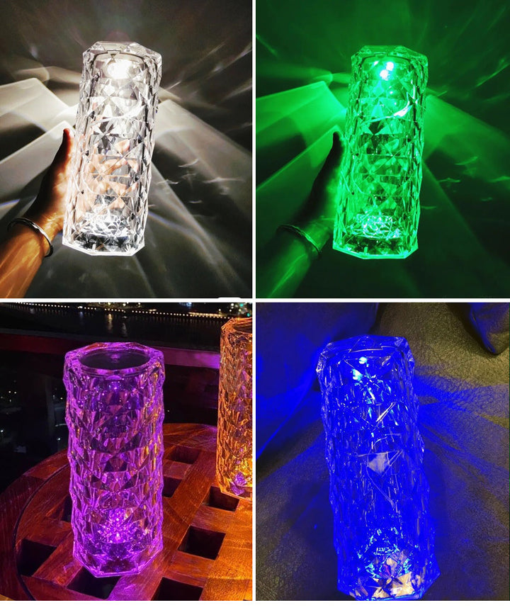 Crystal rose lamp glowing on bedside