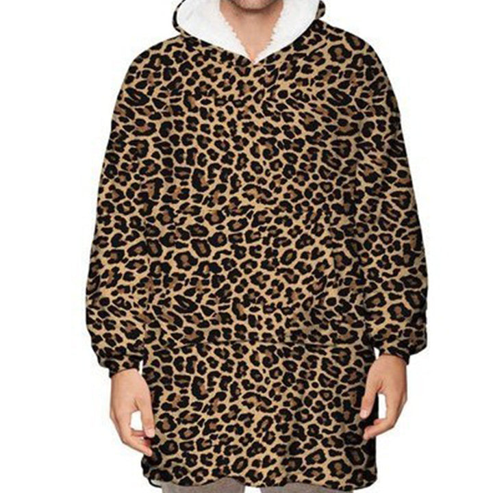 Person wearing oversized panda hooded blanket