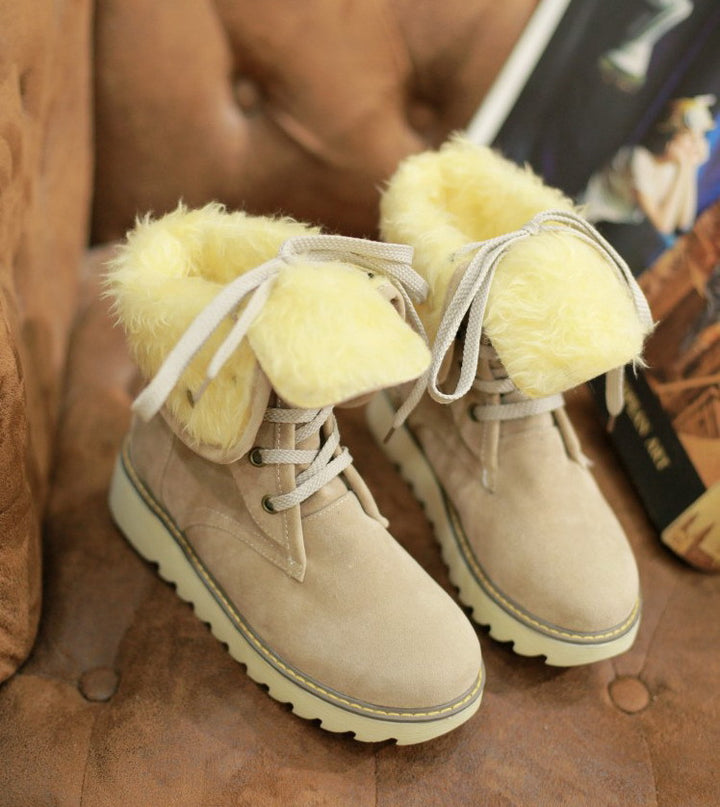 Frosted Fur Lace-Up Snow Boots, Short Flat Winter Boots