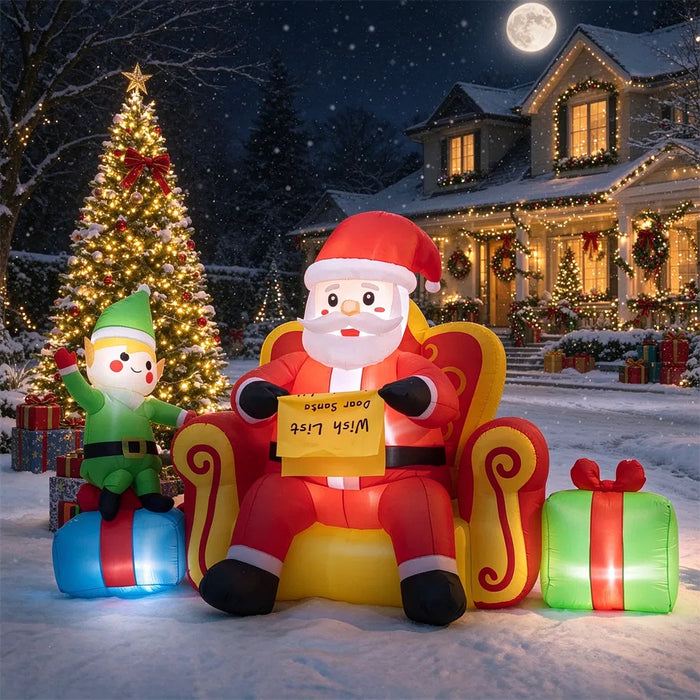 Warmfell Inflatable Santa on Sofa with Elf and Gifts, 220cm