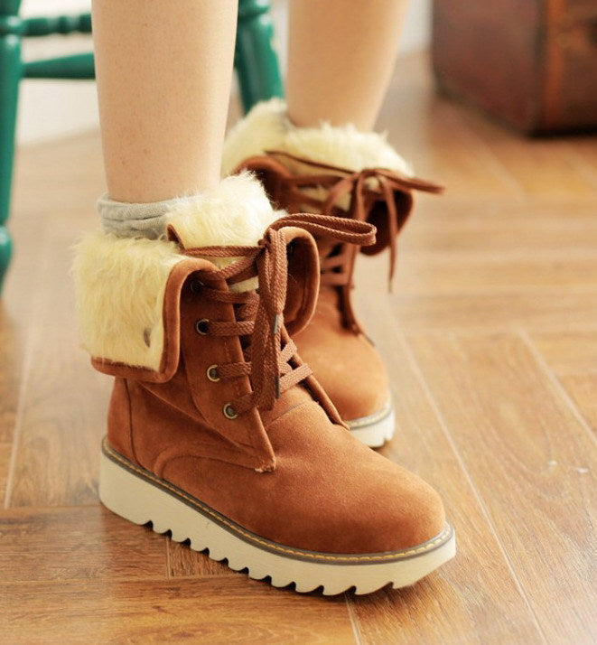 Frosted Fur Lace-Up Snow Boots, Short Flat Winter Boots