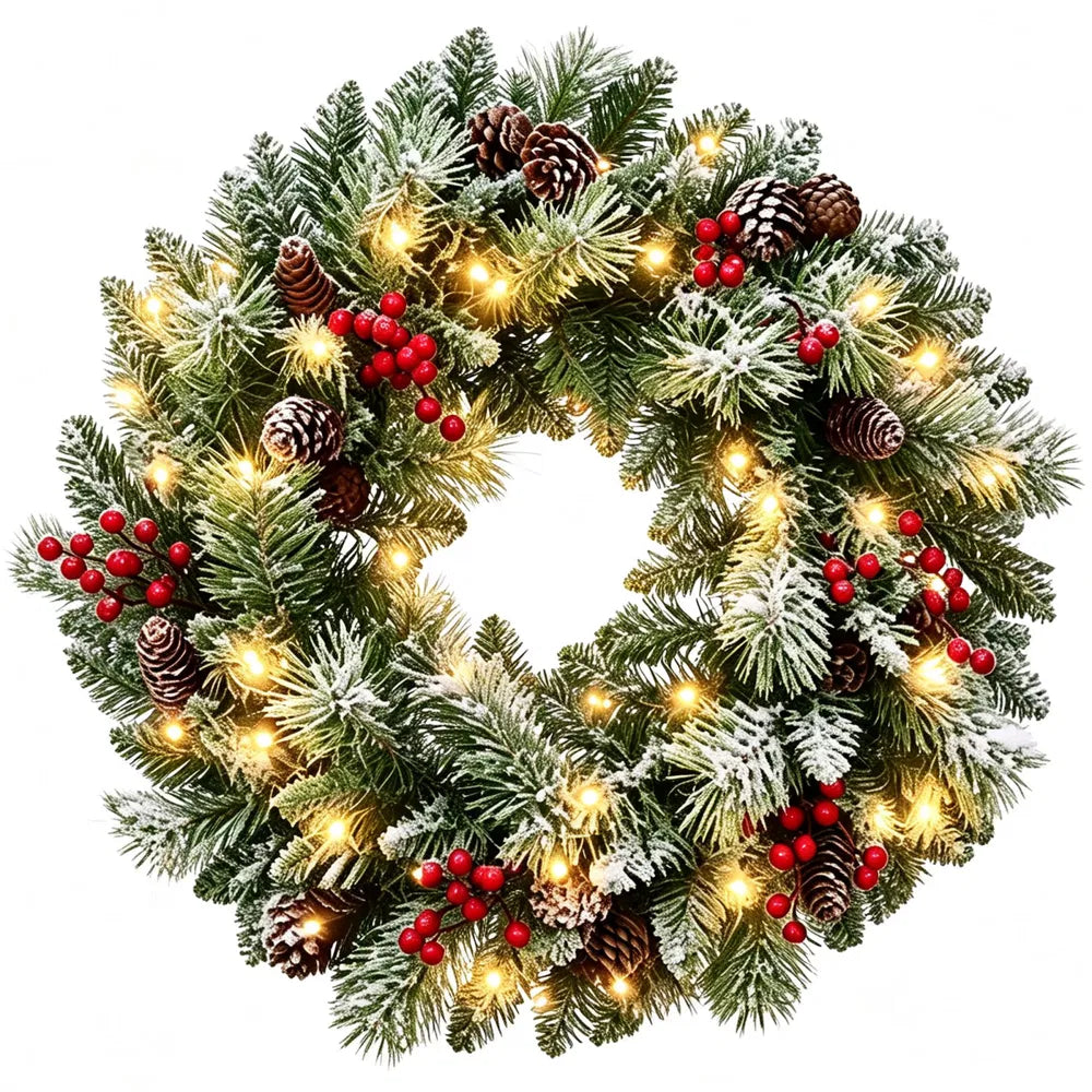 Frosted lit wreath with berries and cones