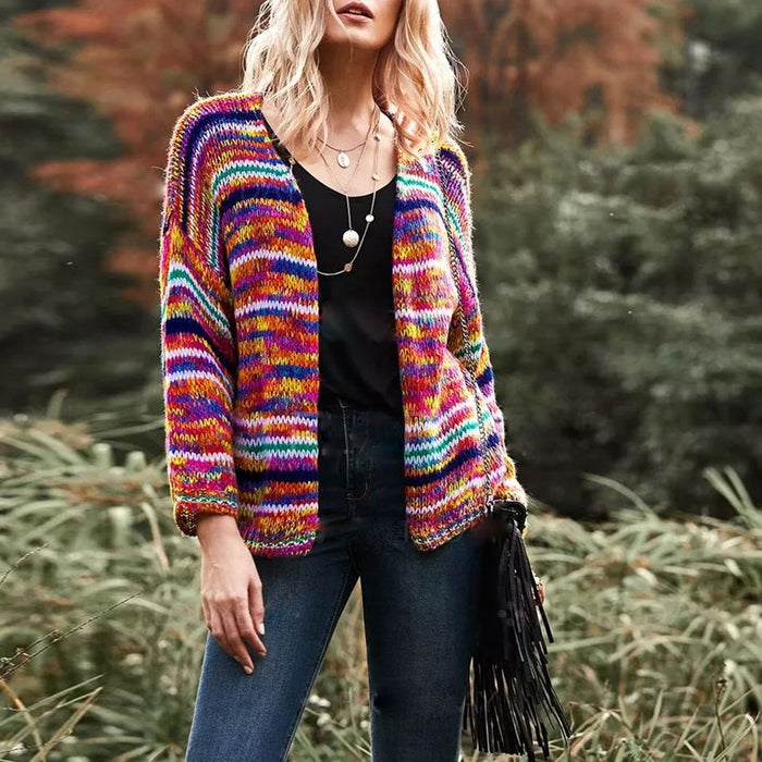 Warmfell Chunky Striped Knit Cardigan, Short Open Front
