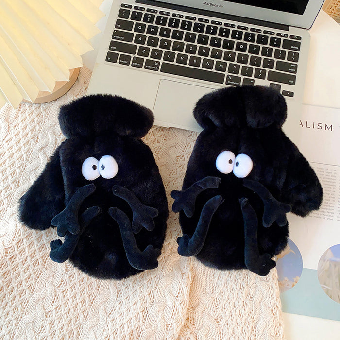 Warmfell Fluffy Plush Mittens with Funny Cartoon Faces